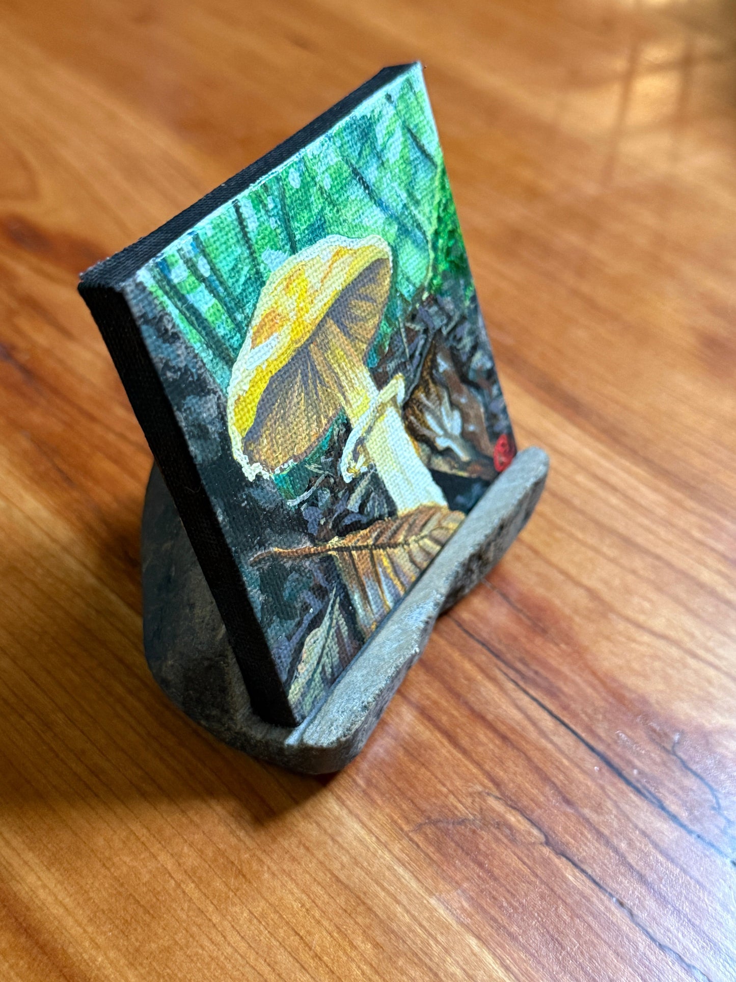 Yellow Mushroom & Beech Leaves - 3x3 inches with stone stand
