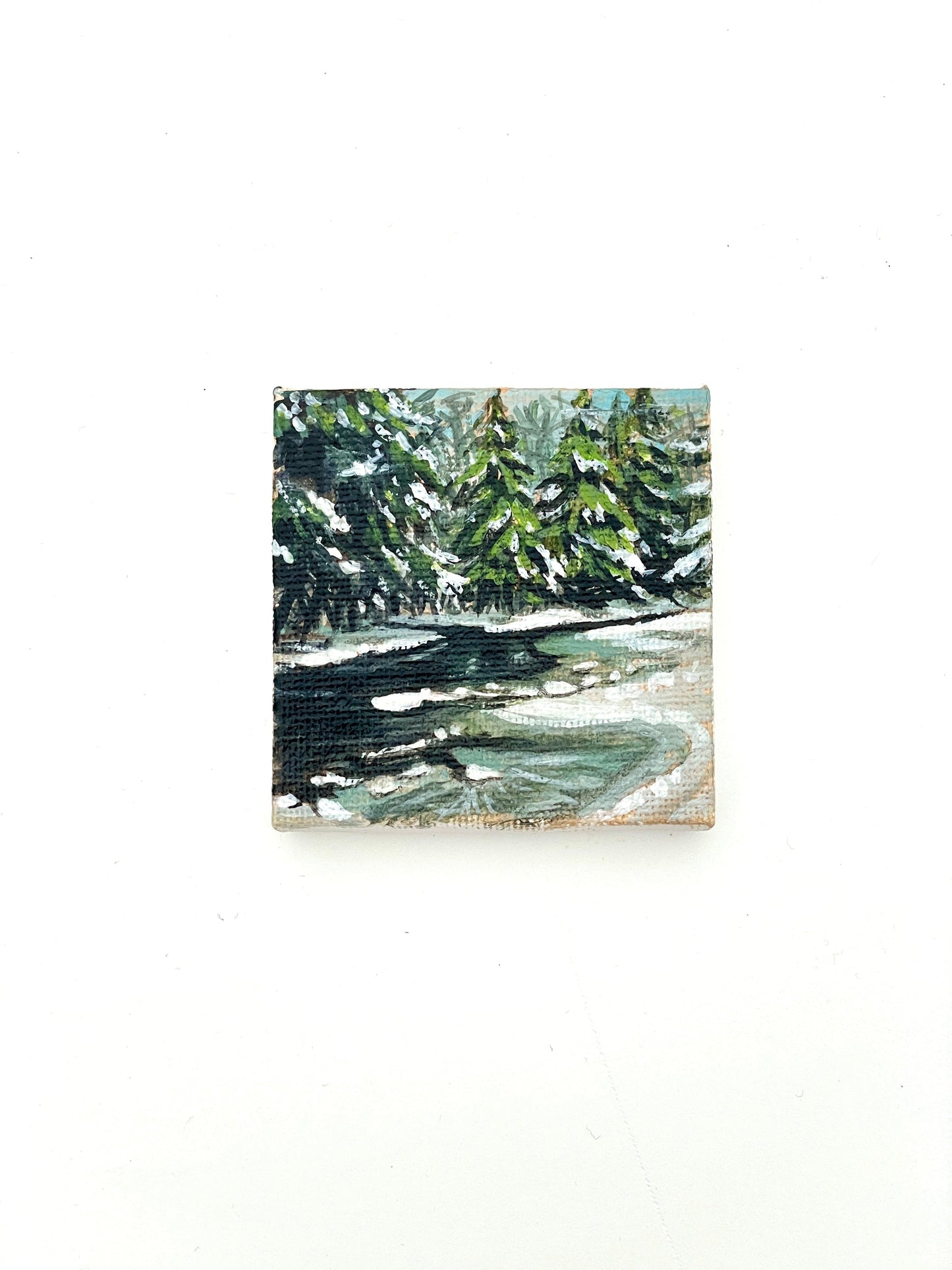 Snowy Hemlock along the River - 2x2 inches