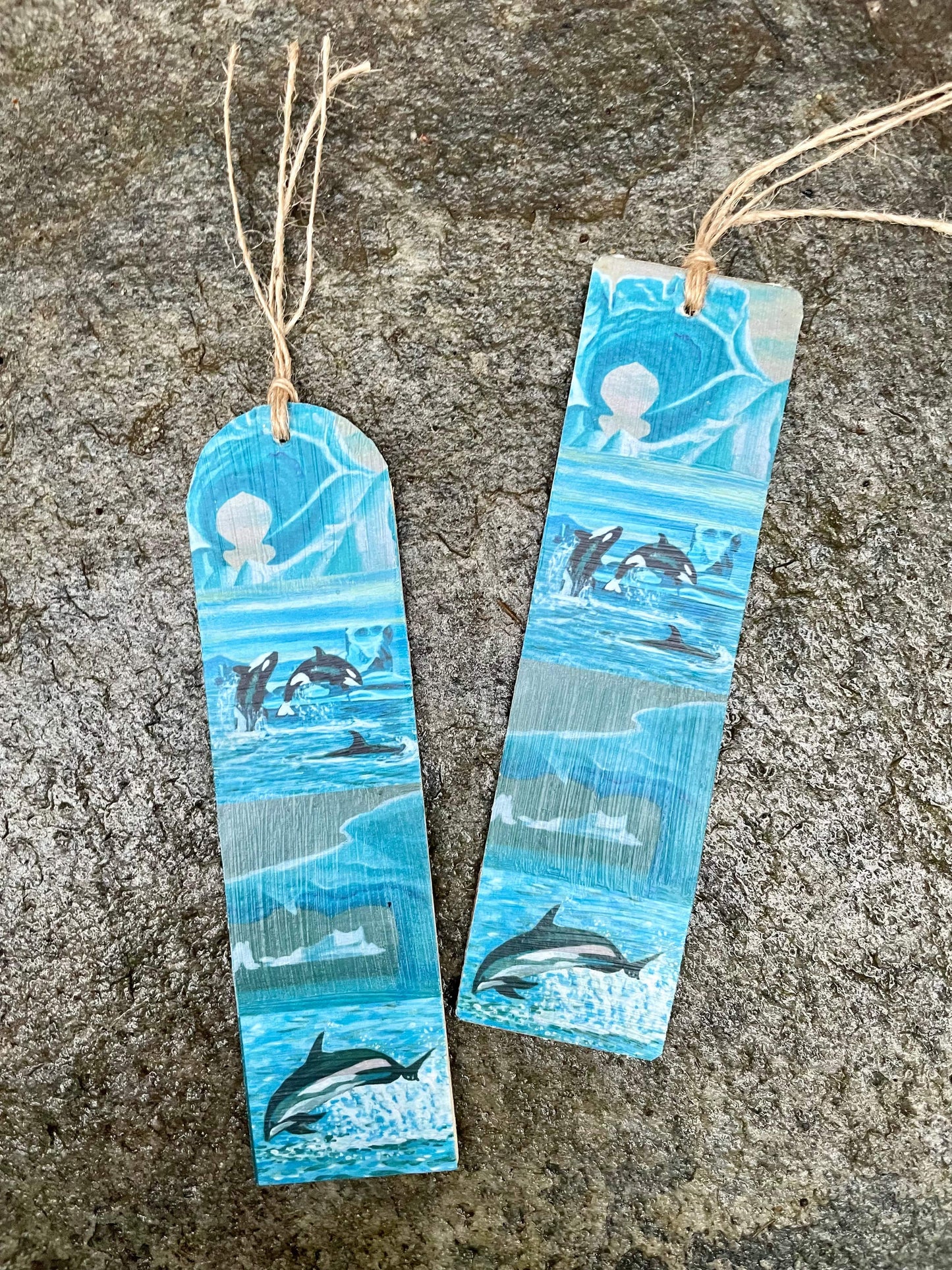 Icebergs, Killer Whale, & White-sided Dolphin Bookmark on Wood