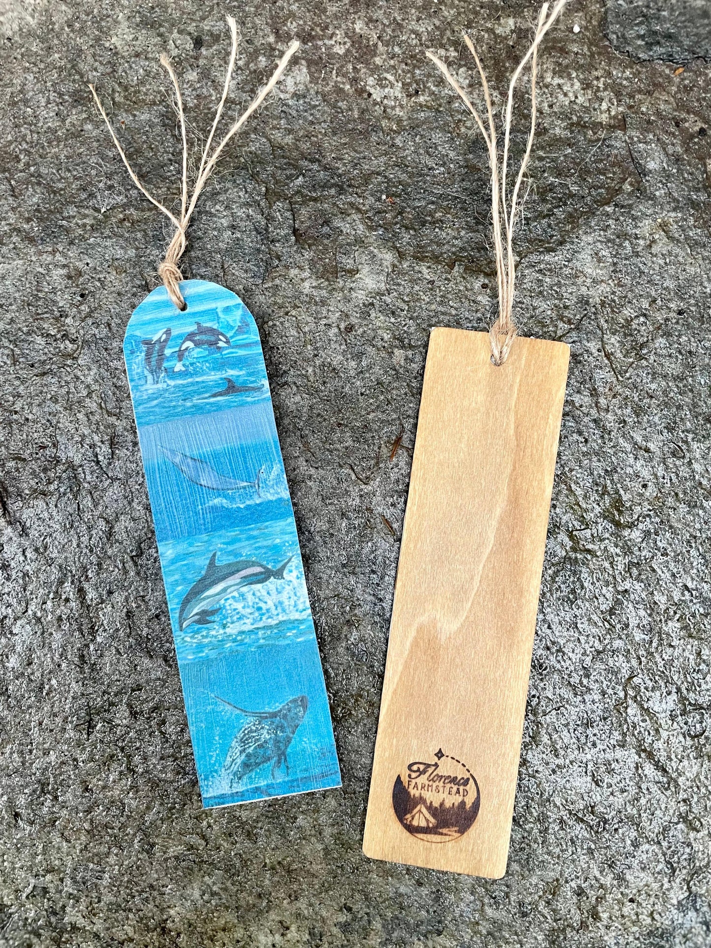 Whales Jumping Bookmark on Wood