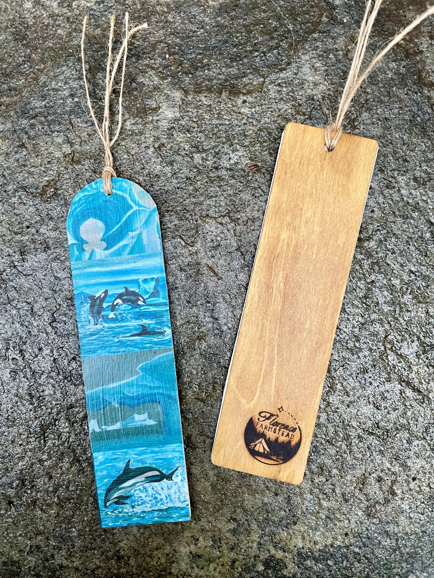 Icebergs, Killer Whale, & White-sided Dolphin Bookmark on Wood