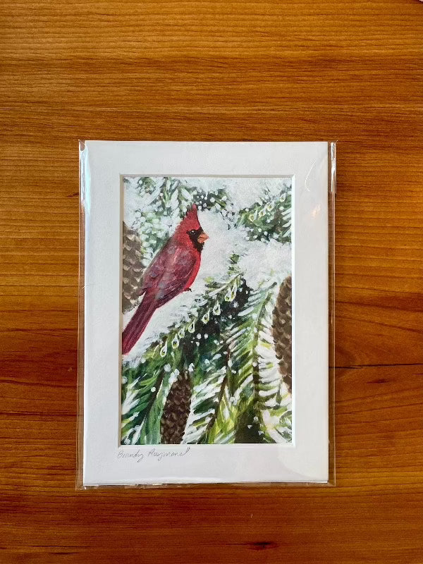 acrylic painting of a red cardinal in snow maine