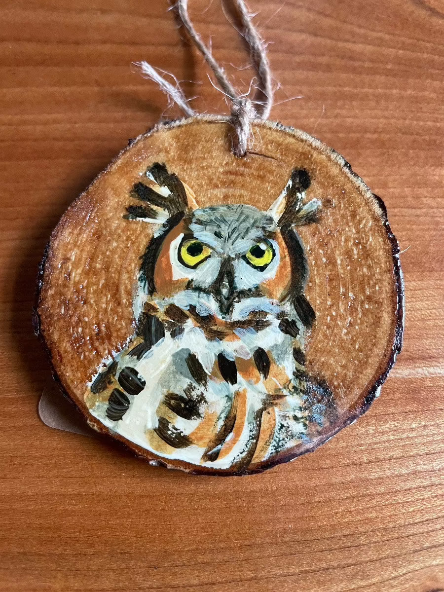 great horned owl painting on wood ornament by brandy cressey raymond florence farmstead maine