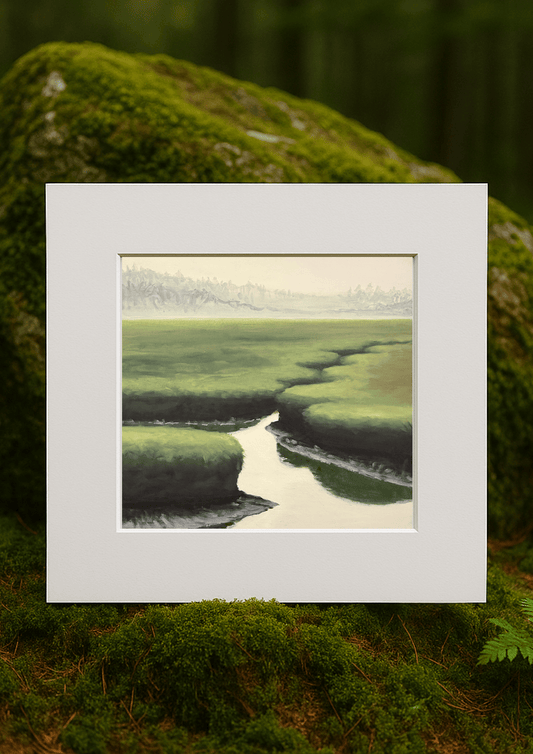 Foggy marsh landscape at Parsons Beach in Kennebunk, Maine, in soft green, gray, and white tones