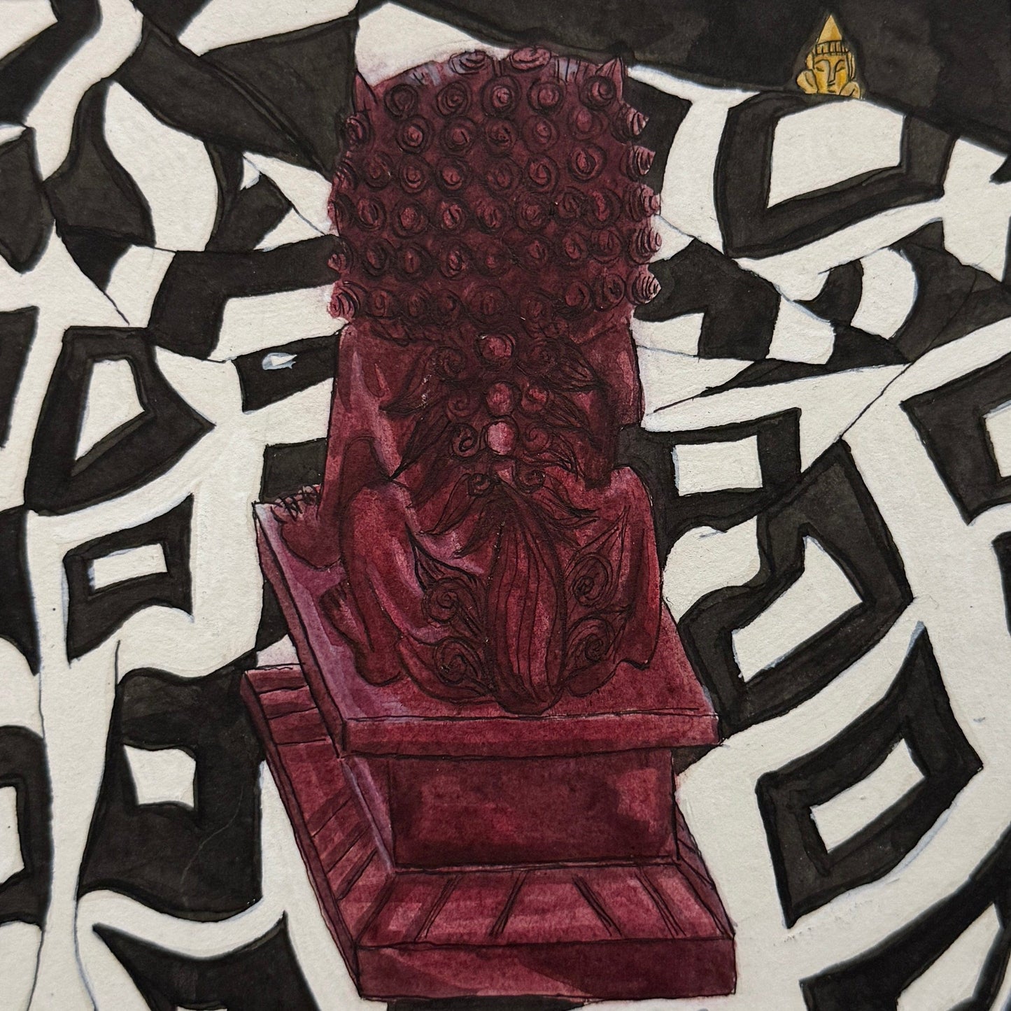 Guardian Lion Pen & Ink - 5x5 Framed