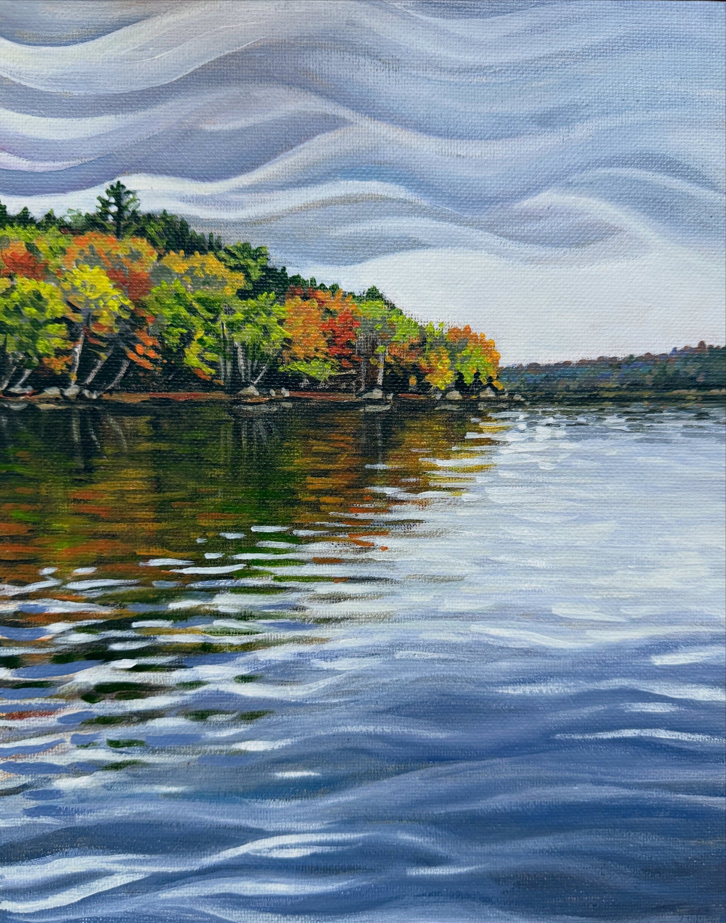 Wave Clouds Above Great Pond - 8x10 Acrylic Painting