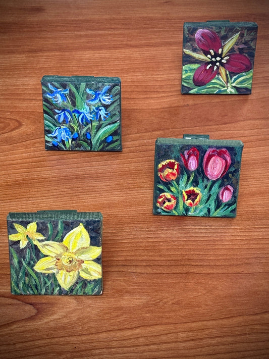 2x2 inch Mini Acrylic Paintings with green stand: Spring Flowers