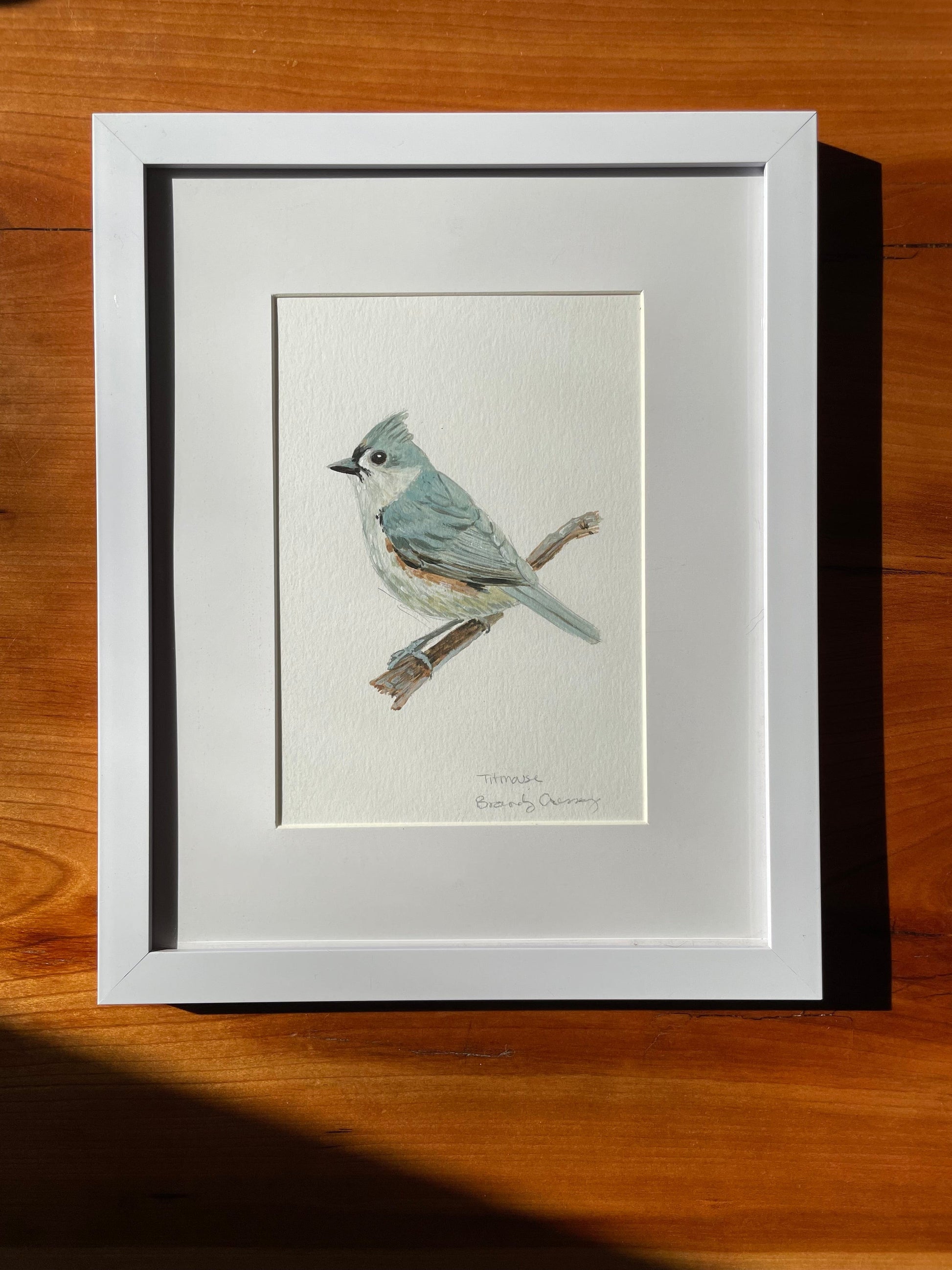 Titmouse acrylic painting by Brandy Cressey at Florence Farmstead art studio