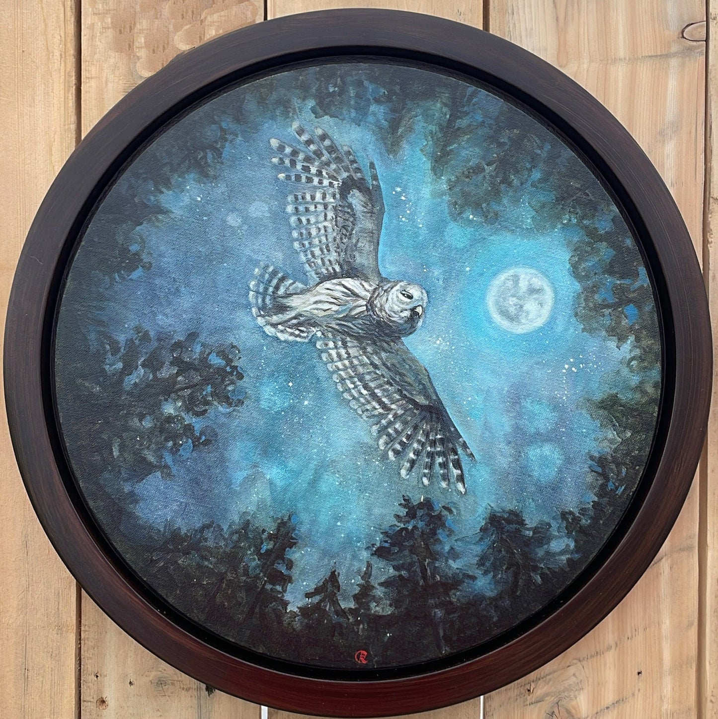 “And then the owl appeared” - 16 inch circle canvas acrylic painting