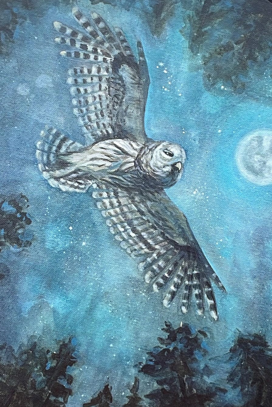 “And then the owl appeared” - 16 inch circle canvas acrylic painting