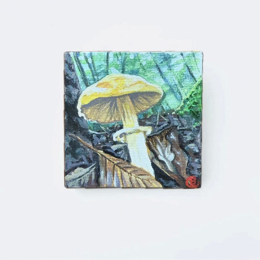 Yellow Mushroom & Beech Leaves - 3x3 inches with stone stand