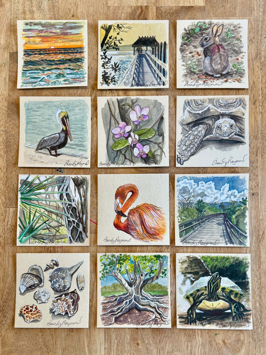 Original mini 4x4 Watercolor & Pen Paintings - Florida themed