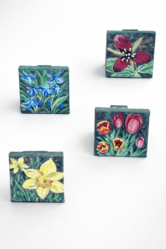 2x2 inch Mini Acrylic Paintings with green stand: Spring Flowers