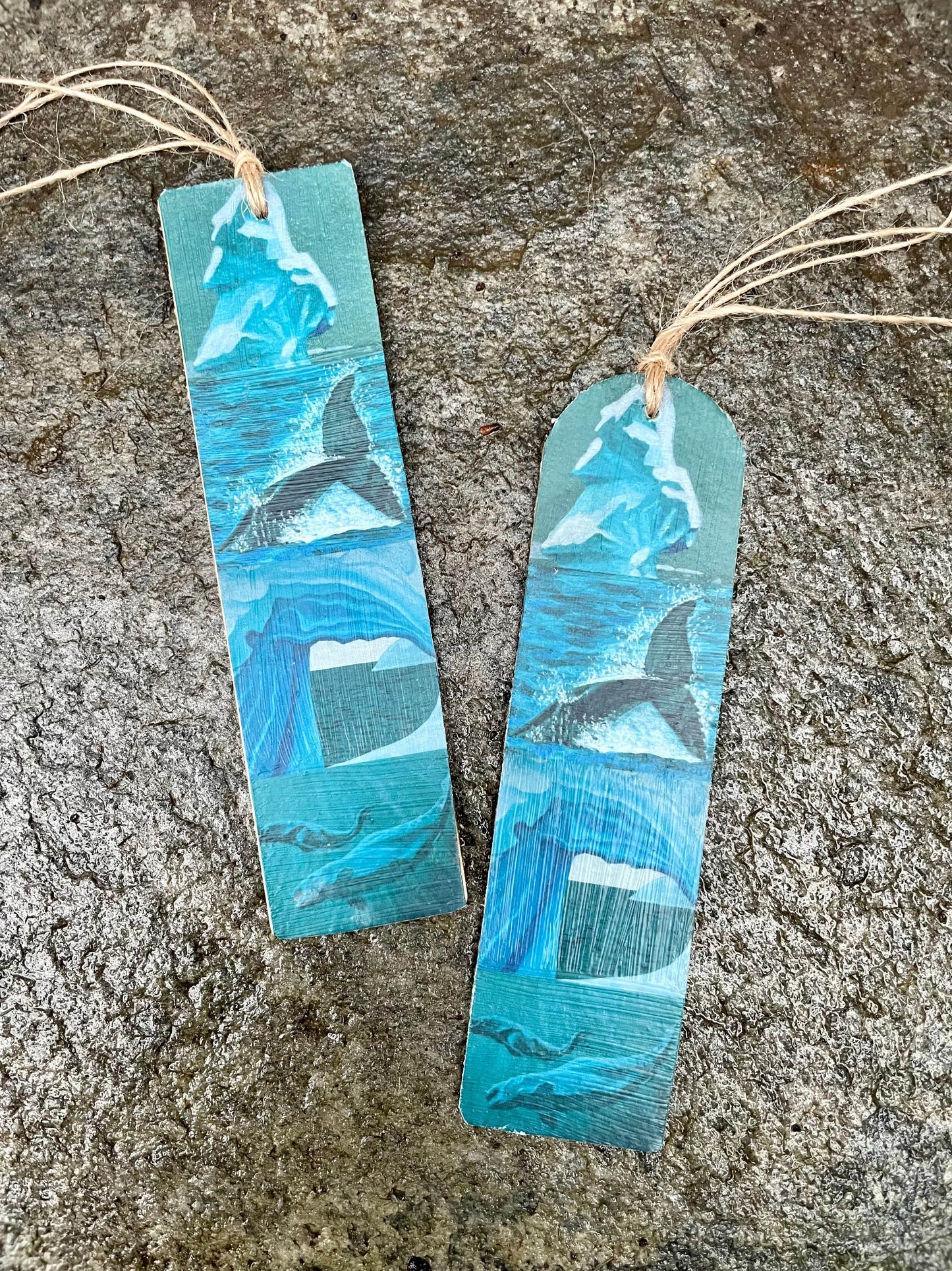 Icebergs, Whale tale, Beluga Bookmark on Wood