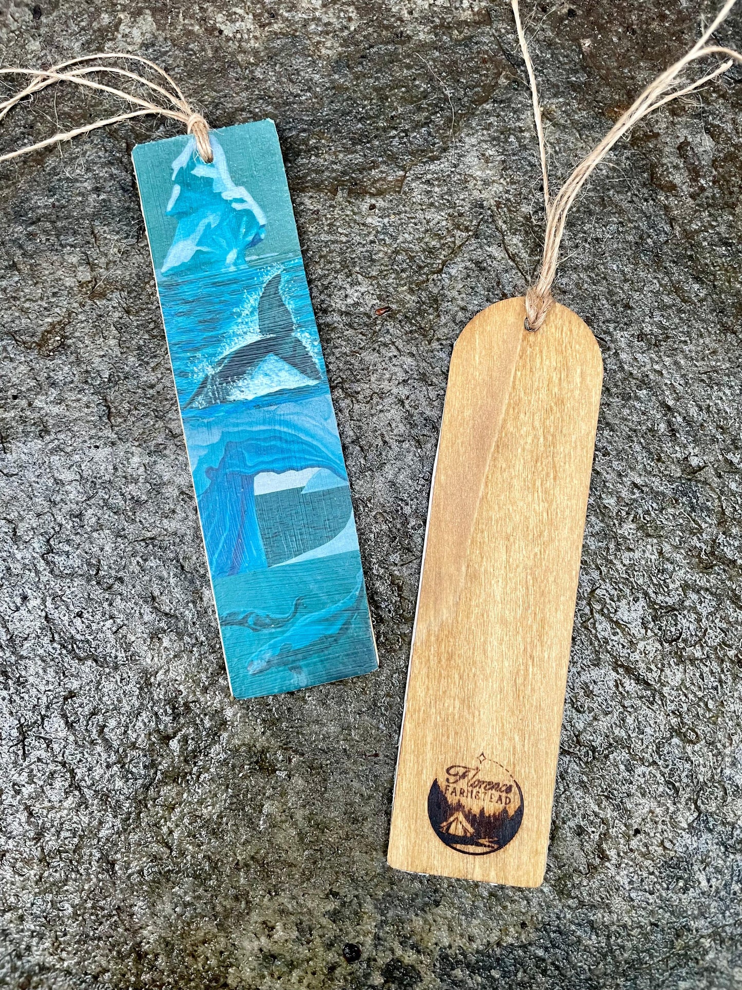 Icebergs, Whale tale, Beluga Bookmark on Wood