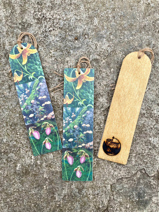 Canada Lily, Lady Slipper, & Forest Floor Pinwheels Bookmark on Wood