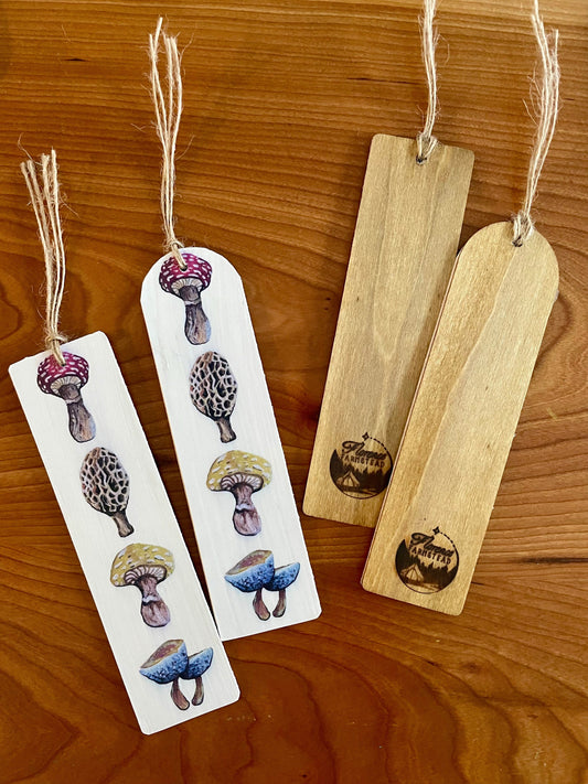 Mushroom Bookmark with red amanita, morel, yellow amanita, graceful bolete by brandy raymond at florence farmstead maine