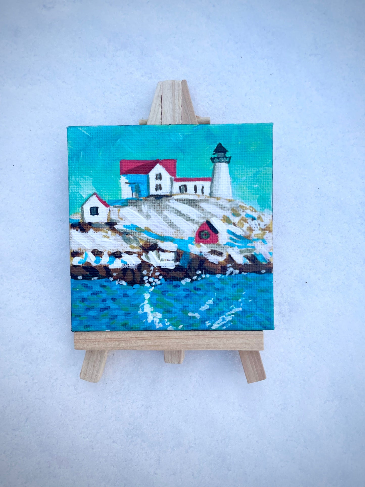 MINI PAINTING with Wood Easel: WINTER NUBBLE LIGHTHOUSE