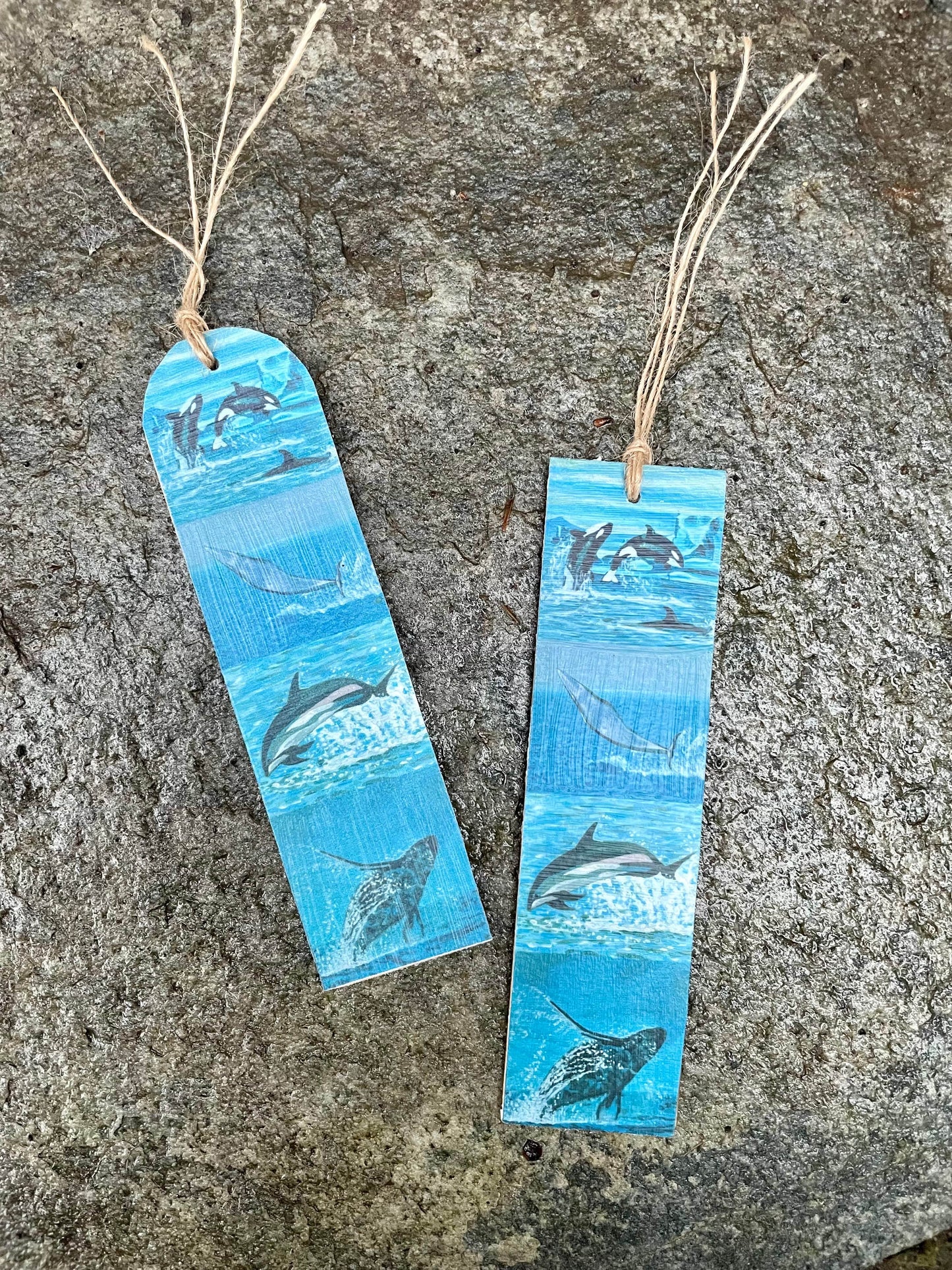 Whales Jumping Bookmark on Wood