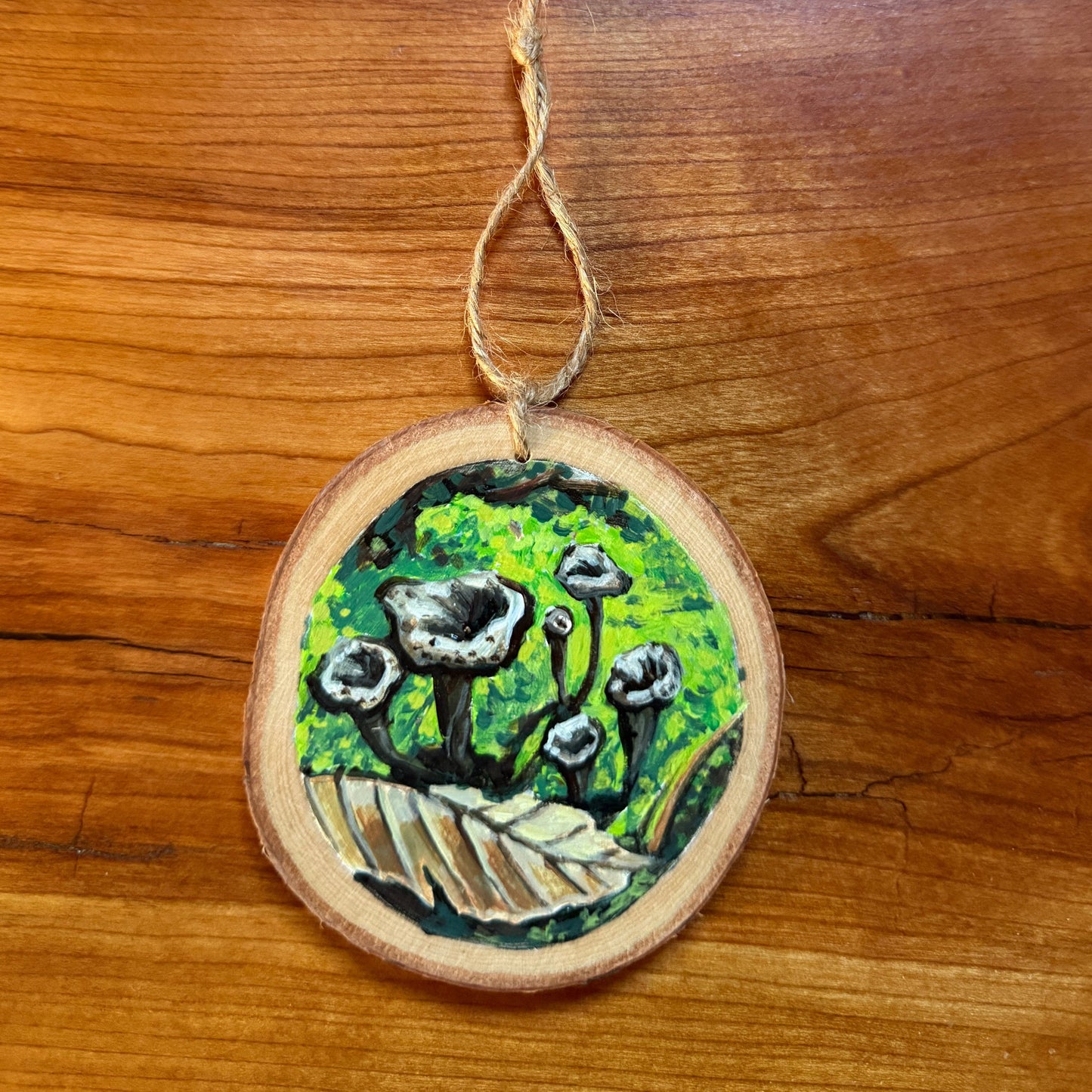 Black trumpet mushroom hand-painted wood ornament