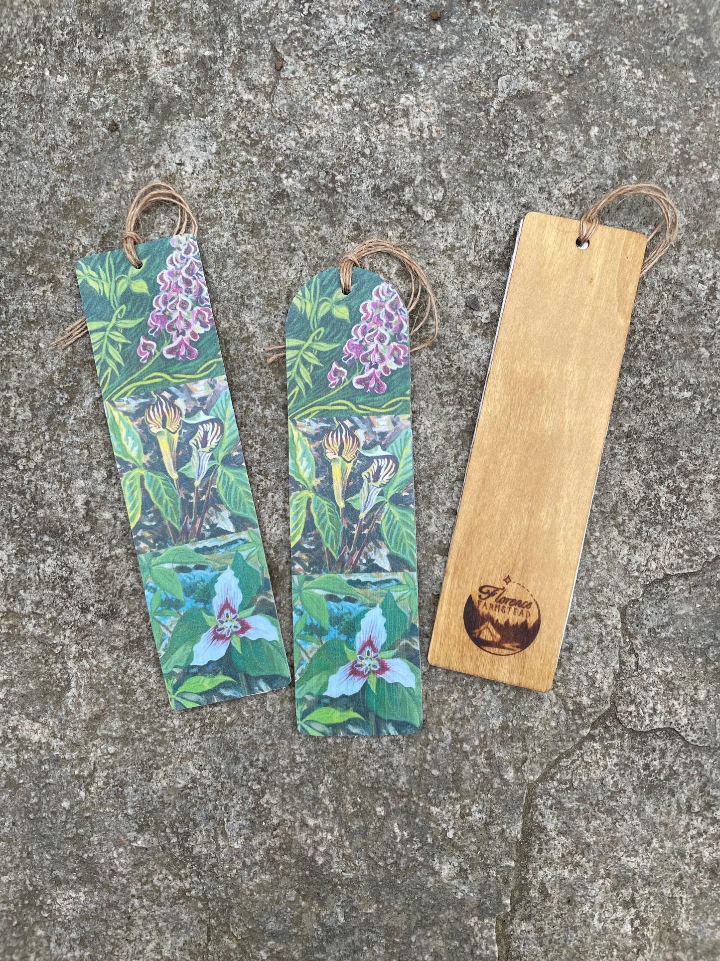 Maine wildflower bookmark with groundnut, jack-in-the-pulpit and trillium. Printed from original paintings by brandy cressey raymond and glued on wood.