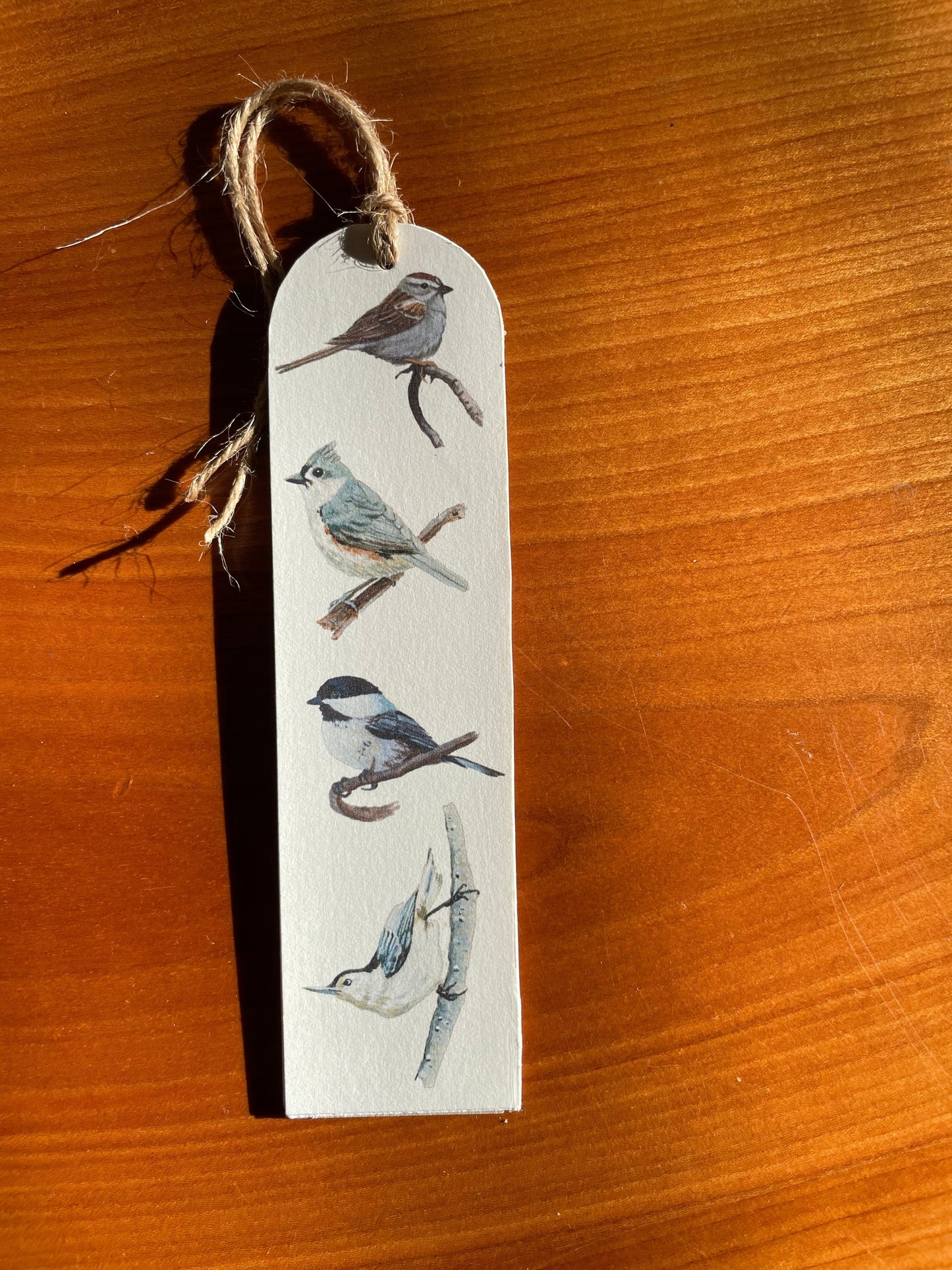 Sparrow, Titmouse, Chickadee, Nuthatch - Wood bookmark with jute twine