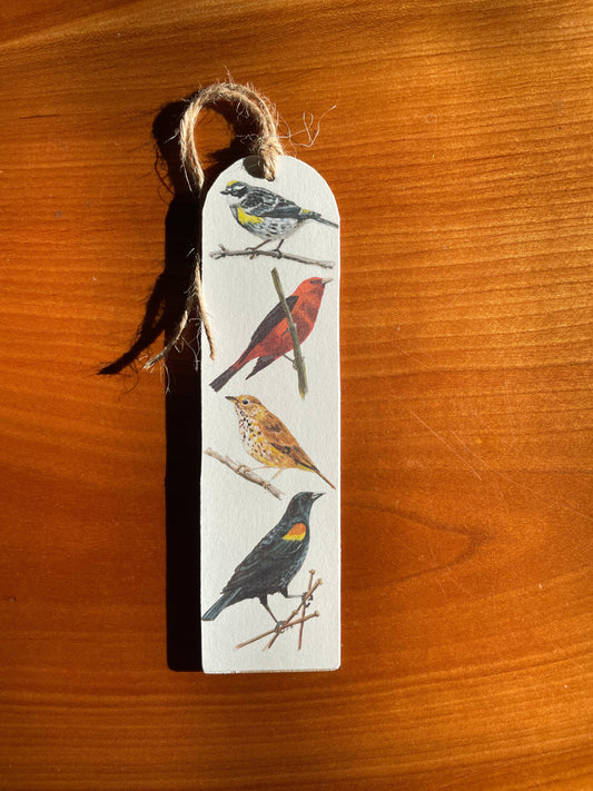 Yellow-rumped Warbler, Scarlet Tanager, Hermit Thrush, Red-bellied Blackbird - Wood bookmark with jute twine