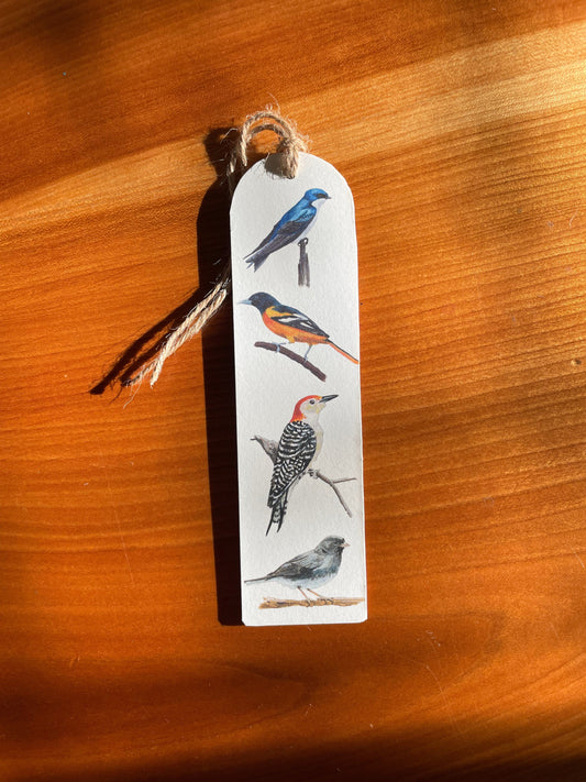 Swallow, Oriole, Red-bellied Woodpecker, Junco  - Wood bookmark with jute twine