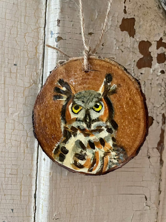 great horned owl painting on wood florence farmstead maine