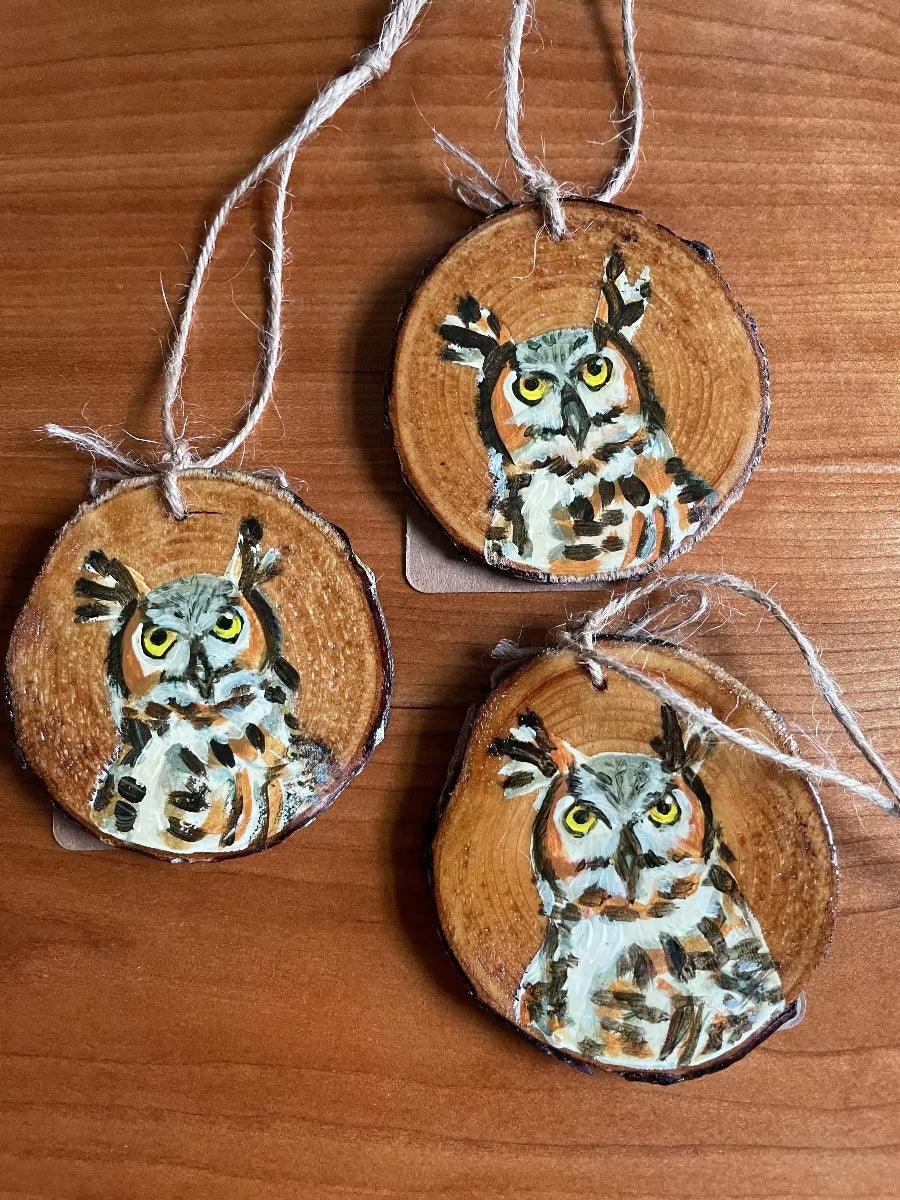 3 great horned owl paintings on wood ornament by brandy cressey raymond florence farmstead maine