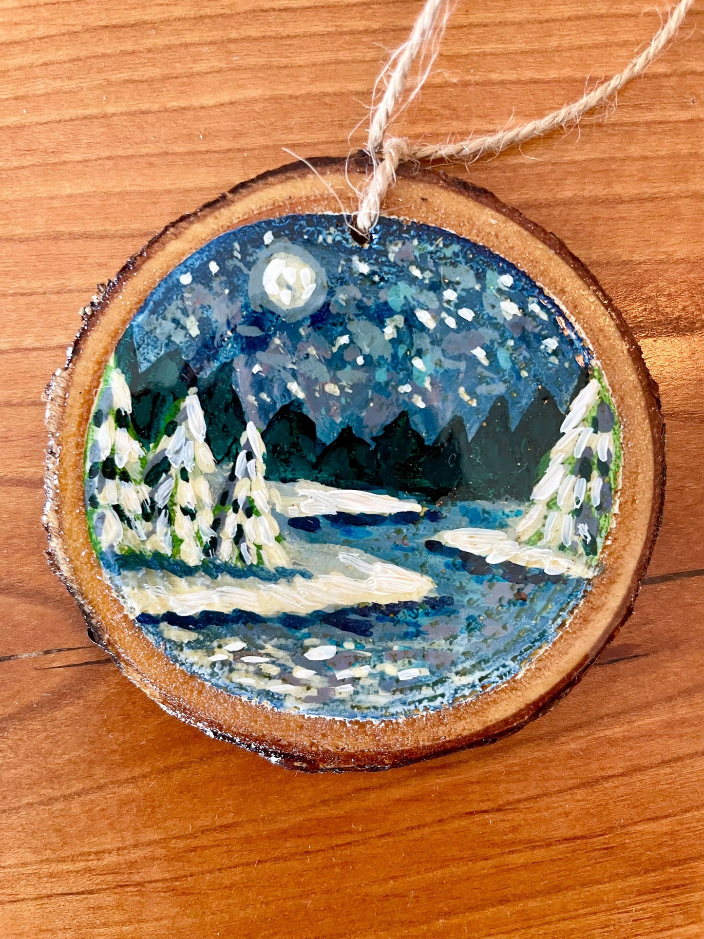 WINTER RIVER SCENE WOOD ORNAMENT